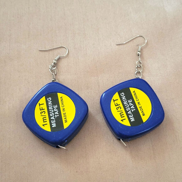 Functional blue tape measure earrings; measure up to 3 feet - Picture 1 of 3